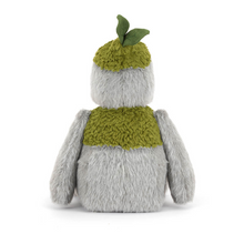 Load image into Gallery viewer, Plush toy with block 'bolder' shaped  features, arms and legs with green 'moss' on its head and shoulders back view showing long gray 'fur'
