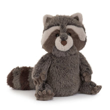 Load image into Gallery viewer, Jellycat Trixiwoo Raccoon plush with dark fur and a thick striped tail

