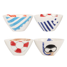 Load image into Gallery viewer, Four bowls with colorful painting if bathing suits, people crabs towels and other beach items
