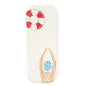 Rectangular platter with colorful paintings of a swim and other beach items