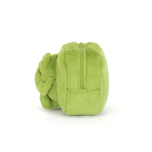 Load image into Gallery viewer, Side view of Jellycat Ricky Rain Frog Pouch showing its depth, lime-green zip closure, and projecting plush frog detail.
