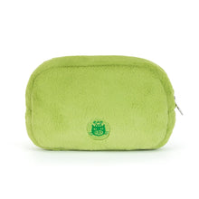 Load image into Gallery viewer, Back view of Jellycat Ricky Rain Frog Pouch showing its lime-green plush exterior, embroidered Jellycat logo, and silver zipper pull.
