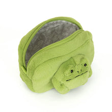 Load image into Gallery viewer, open pouch: Jellycat Ricky Rain Frog Pouch unzipped to show its gray patterned lining, with lime-green plush exterior and raised frog detail
