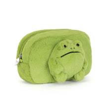 Load image into Gallery viewer, Jellycat Ricky Rain Frog Pouch in lime-green plush with a raised frog face, black eyes, a downturned mouth, and a zip-top closure.
