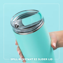 Load image into Gallery viewer, graphic hand holding a Tumbler 22oz with the text Spill resistant ez slider lid
