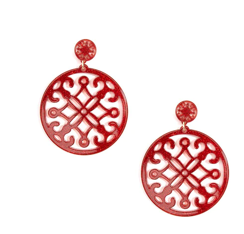 Resin Statement Circle Drop Earrings w/ Cut Out - Red