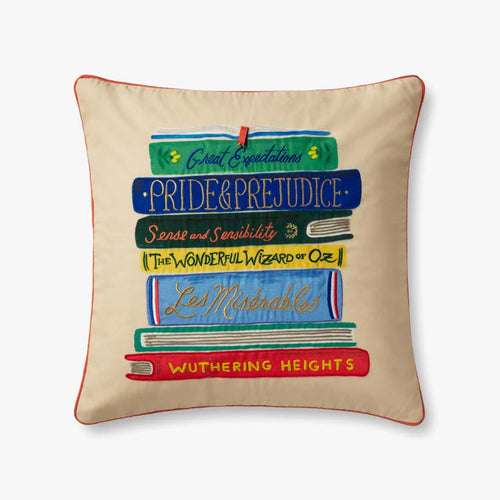 square pillow with an embroidered image of a stack of books 