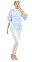 Load image into Gallery viewer, Gretchen Scott Designs Ruffleneck Tunic - Circle of Love - Periwinkle/White
