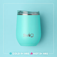 Load image into Gallery viewer, Swig Stemless Wine Cup 12oz with text cold 9+ hours Hot 3+ hours

