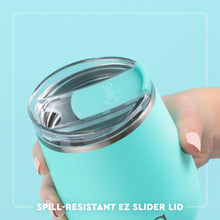 Load image into Gallery viewer, Swig Stemless Wine Cup 12oz with text spill resistant ez slider lid
