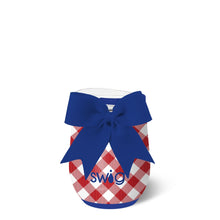 Load image into Gallery viewer, Swig Patriotic Picnic Stemless Wine Cup 12oz red and white gingham with blue bows
