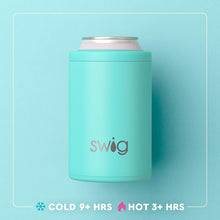 Load image into Gallery viewer, Swig Can + Bottle Cooler with information text Cold 9+ hours Hot 3+ hours
