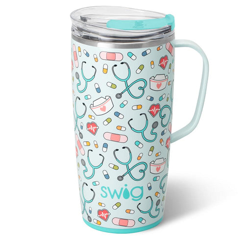Swig Scrub Life Travel Mug with nurse and doctor theme pattern