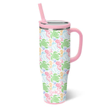 Load image into Gallery viewer, Mega Mug 40oz with sea creatures printed in pink, green blue and tan - pink handle lid and straw
