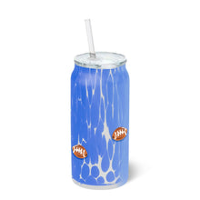 Load image into Gallery viewer, glass with lit and straw - drinking glass is speckled royal blue with small football accents scattered across the glass
