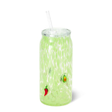 Load image into Gallery viewer, glass with lit and straw - glass is speckled green with colorful taco themed items
