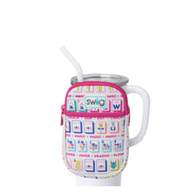 Load image into Gallery viewer, small zipper pouch with Mahjong themed fabric on a travel tumbler 
