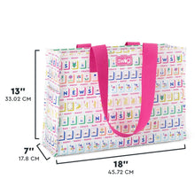 Load image into Gallery viewer, Swig Mahjong Reusable Gift Bag with pink handle with measurements
