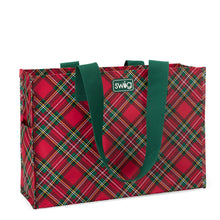 Load image into Gallery viewer, Christmas Plaid Reusable Bag Large with red, green, white, and yellow plaid and green handles
