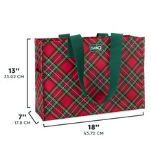 Load image into Gallery viewer, Christmas Plaid Reusable Bag large with red, green, white, and yellow plaid and green handles with text size dimensions 13"Tx7"x18"W
