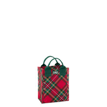 Load image into Gallery viewer, Christmas Plaid Reusable Bag mini with red, green, white, and yellow plaid and green handles
