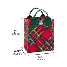 Load image into Gallery viewer, Christmas Plaid Reusable Bag mini with red, green, white, and yellow plaid and green handles with text size dimensions 7"Tx4.5"x5.5"W
