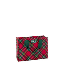 Load image into Gallery viewer, Christmas Plaid Reusable Bag Small with red, green, white, and yellow plaid and green handles
