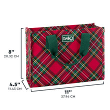 Load image into Gallery viewer, Christmas Plaid Reusable Bag small with red, green, white, and yellow plaid and green handles with text size dimensions 8"Tx4.5"x11"W
