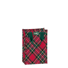 Load image into Gallery viewer, Christmas Plaid Reusable Bag tall with red, green, white, and yellow plaid and green handles
