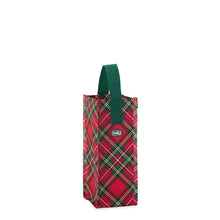 Load image into Gallery viewer, Christmas Plaid Reusable Bag wine with red, green, white, and yellow plaid and green handles
