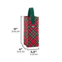 Load image into Gallery viewer, Christmas Plaid Reusable Bag wine with red, green, white, and yellow plaid and green handles with text size dimensions 11"Tx4"x4.5"W
