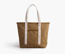Load image into Gallery viewer, Rifle Paper Ditsy Dahlia Canvas Carry All - brown canvas bag with white handles printed with floral desing

