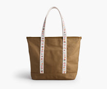 Load image into Gallery viewer, Rifle Paper Ditsy Dahlia Canvas Carry All - brown canvas bag with white handles printed with floral desing
