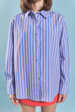 Load image into Gallery viewer, close up of button down front and blue, orange and white stripes 

