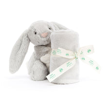 Load image into Gallery viewer, Jellycat Bashful Silver Grey Bunny Soother with rolled and folded blankie tied with a bow
