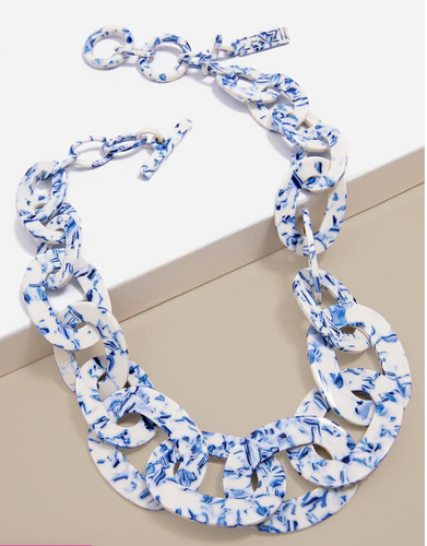 Chunky Chain Collar Necklace - Marbled Acetate - Blue and White