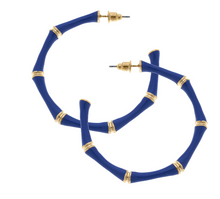 Load image into Gallery viewer, Celeste Enamel Bamboo Hoop Earrings - Blue
