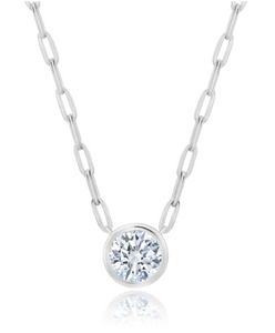 Solitaire Bezel Set Round Stud Necklace w/ Paperclip Chain - Pure Platinum
