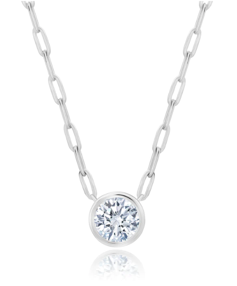 Solitaire Bezel Set Round Stud Necklace w/ Paperclip Chain - Pure Platinum