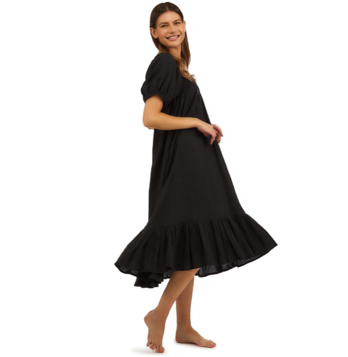 Puff Sleeve Airy Cotton Dress - Black - One Size