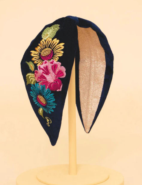 Velvet Embroidered Headband Vintage Floral - Ink