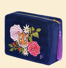 Load image into Gallery viewer, Velvet Wash Bag - Floral Tiger Face in Indigo
