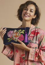Load image into Gallery viewer, Velvet Zip Pouch - Floral Tiger Face in Indigo
