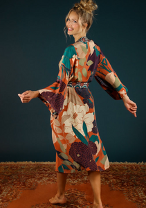 Winter Floral Kimono Gown - Terracotta