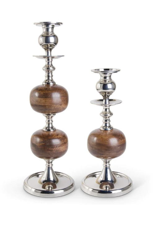 Wood and Polished Silver Candleholder