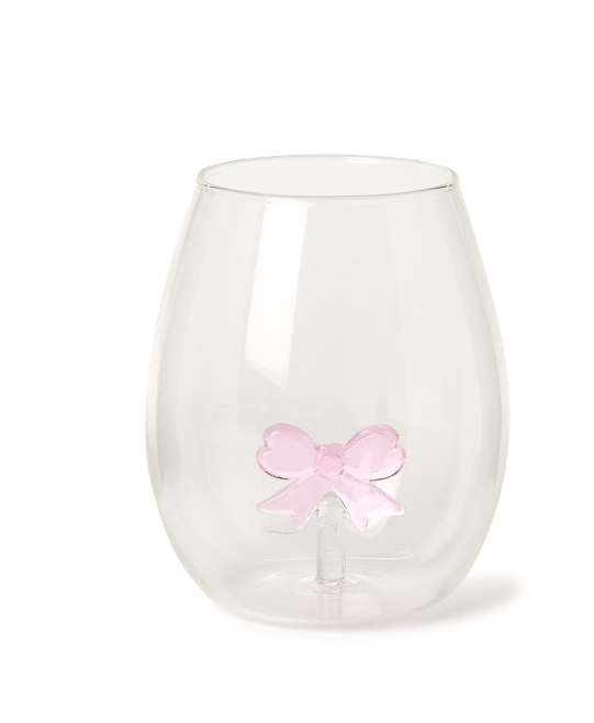 Pink Bow Stemless Wine Glass
