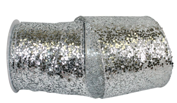 Silver Sequin Glitter Web Wired Edge Ribbon - 4” Wide - By the Yard