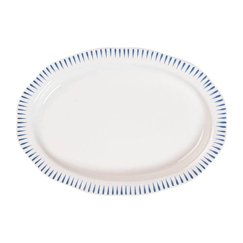 white platter with blue stripes along the edge