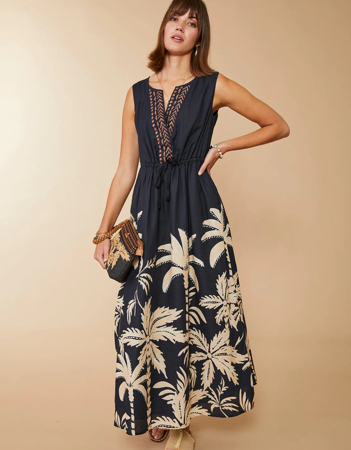 knee length dresses for ladies Spartina 449 Keila Midi Dress Southern Resort Palms Black