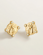 Load image into Gallery viewer, A pair of gold bee stud earrings with small clear rhinestone accents, displayed on a clean off-white background.
